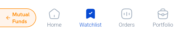 The Rupeezy app's bottom navigation bar showing the Home, Watchlist, Orders and Portfolio tabs