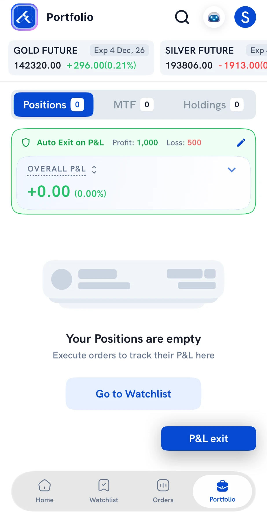 Positions screen showing the Auto Exit on P&L banner with Profit 1,000 and Loss 500