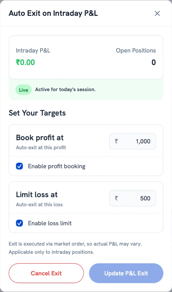 Auto Exit on Intraday P&L window on the web app with Cancel Exit and Update P&L Exit buttons