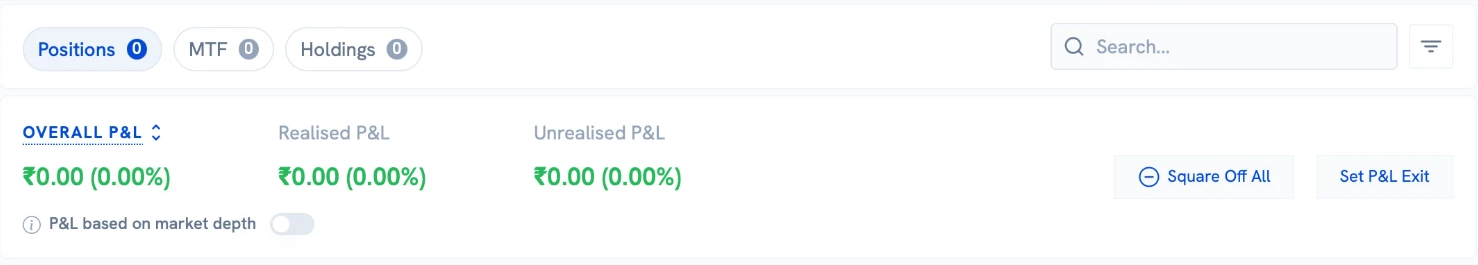 Positions section on the web app with the Set P&L Exit button next to Square Off All