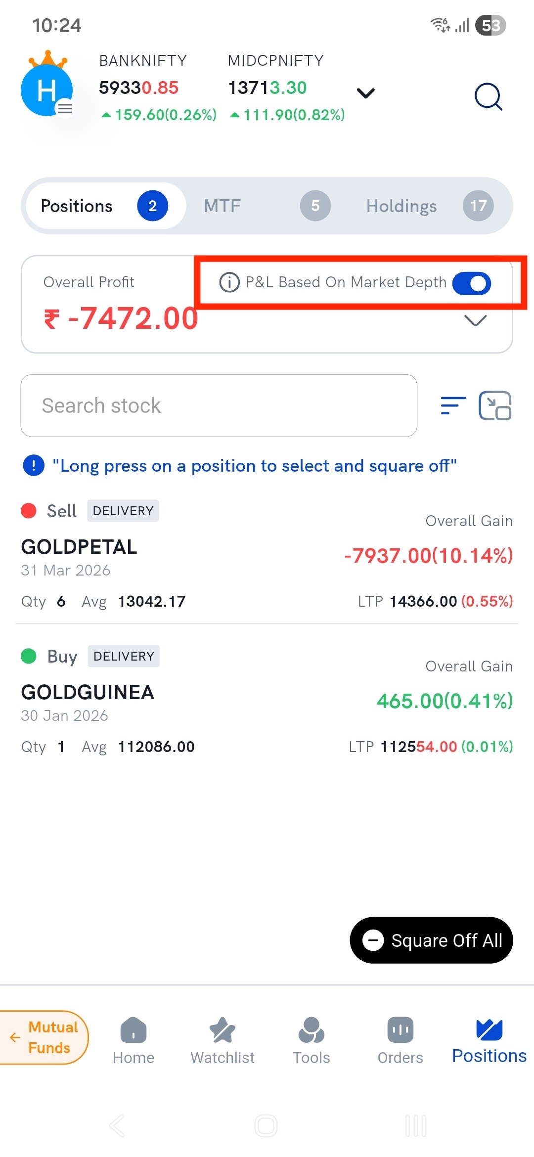 The Positions screen with the P&L Based On Market Depth toggle switched on