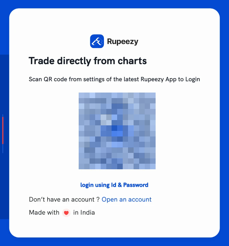 Desktop login page showing a QR code to scan with the Rupeezy app