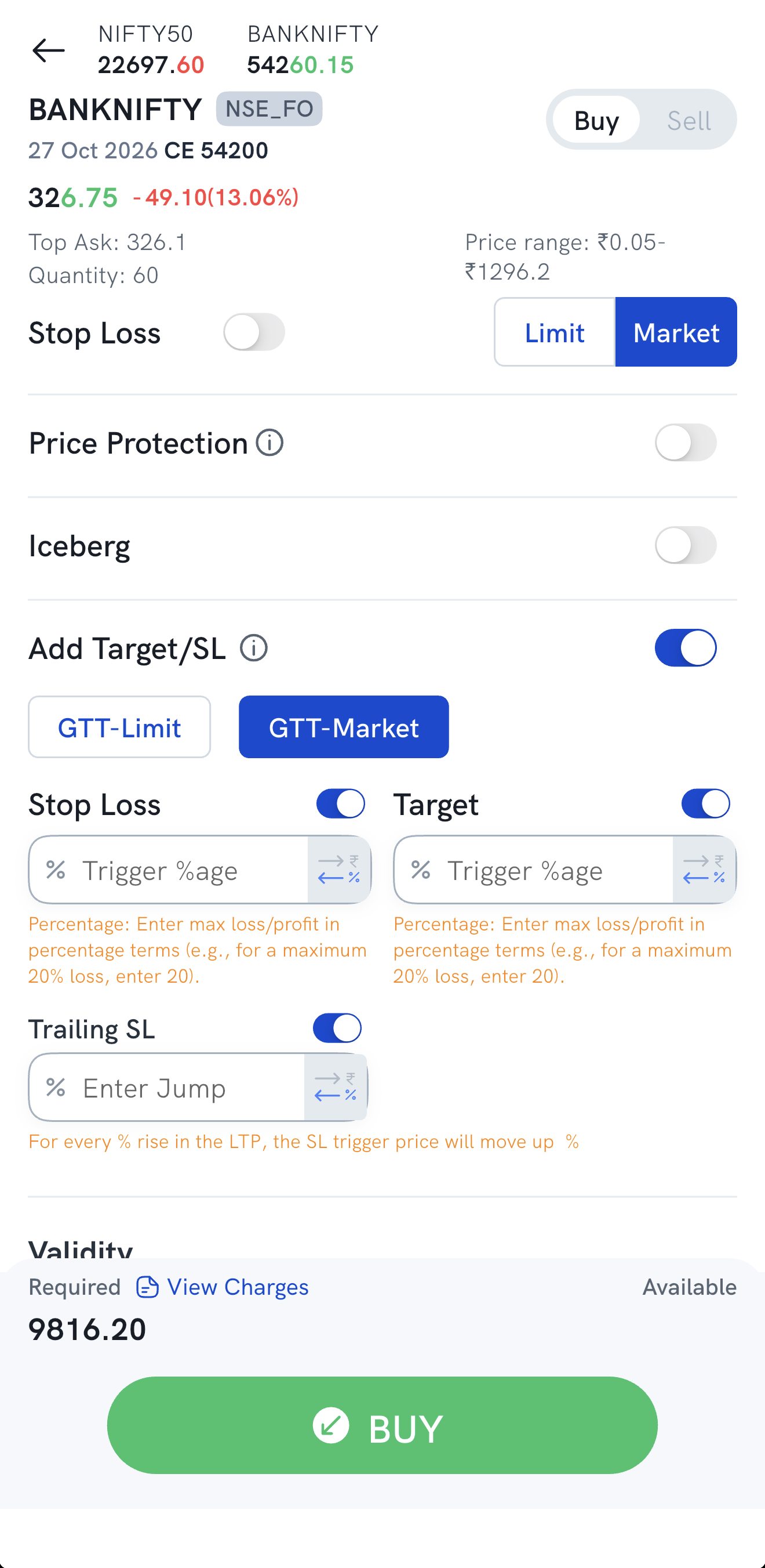 The Buy order screen with Add Target/SL turned on, GTT-Market selected, the Stop Loss and Target trigger fields, and Trailing SL turned on with the Enter Jump field