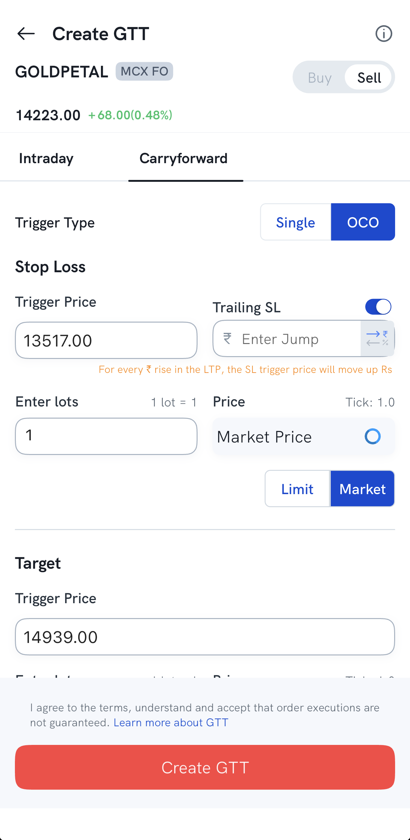 The Create GTT screen with OCO selected, a Stop Loss trigger price, and Trailing SL turned on with the Enter Jump field in rupees