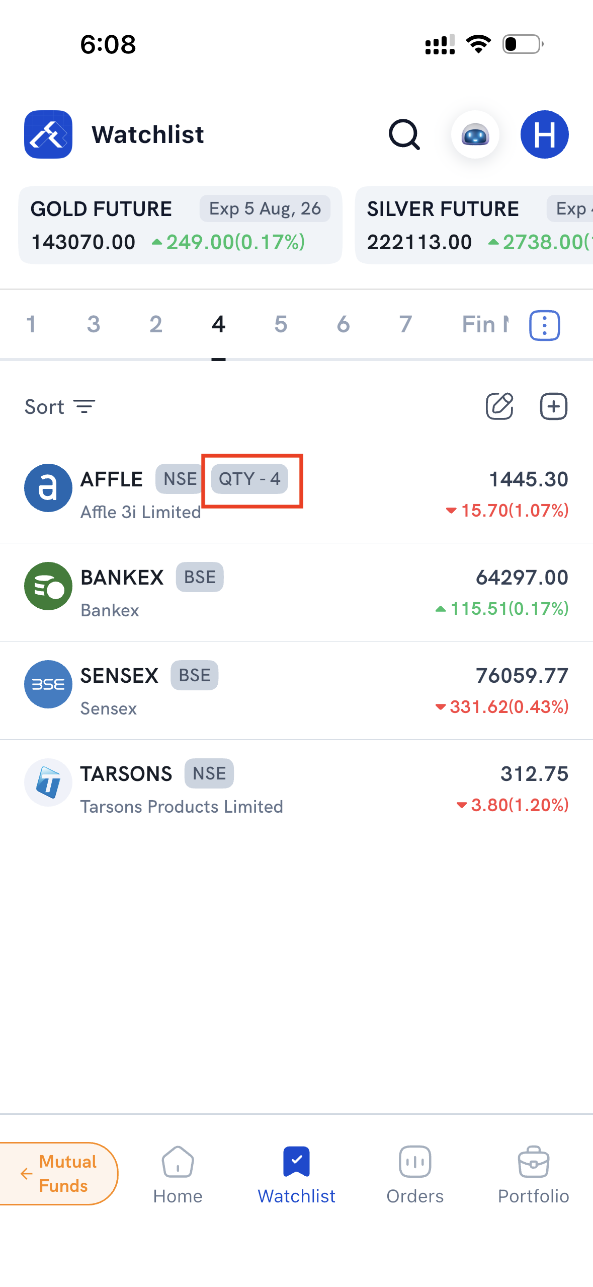 Watchlist showing a QTY - 4 tag next to AFFLE, indicating 4 shares held