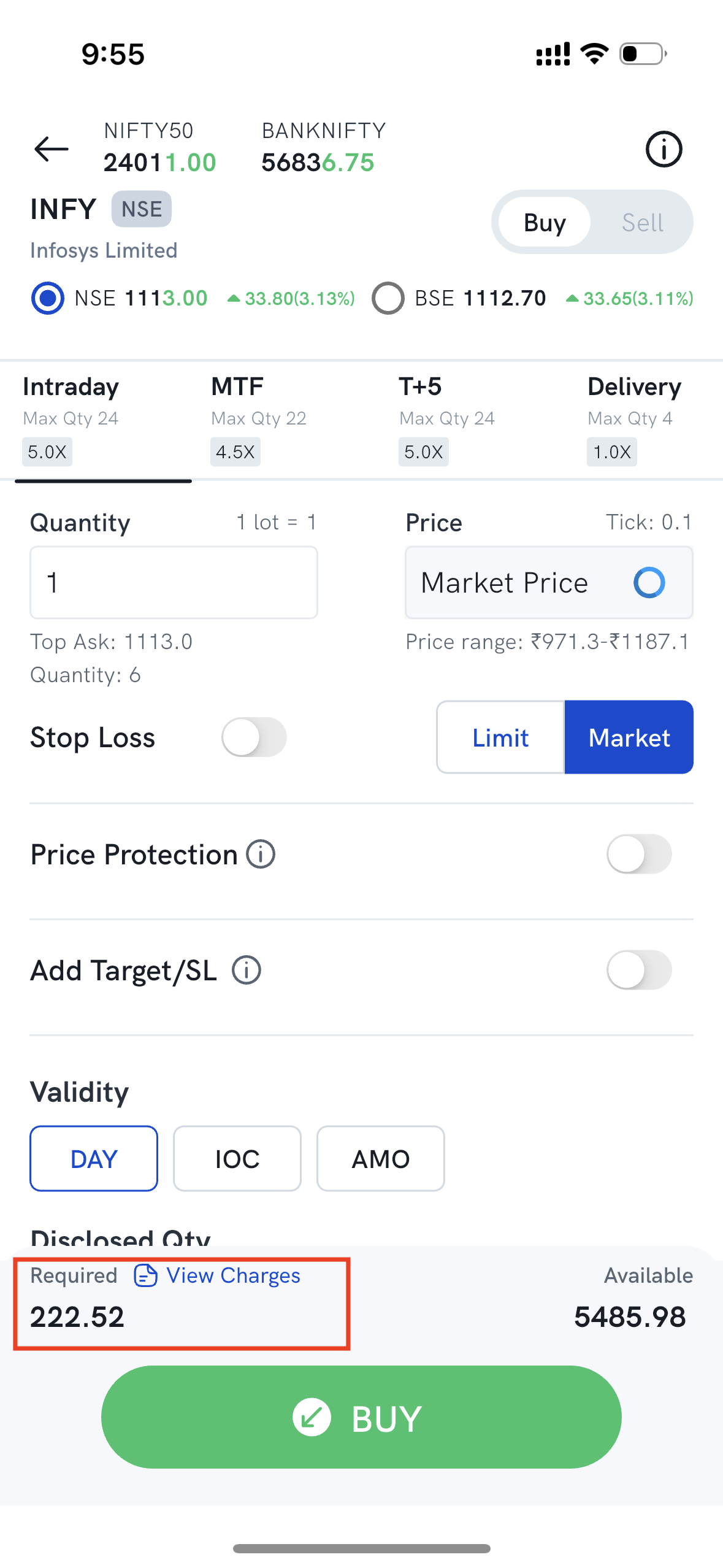 Order window showing the Required margin amount next to Available margin