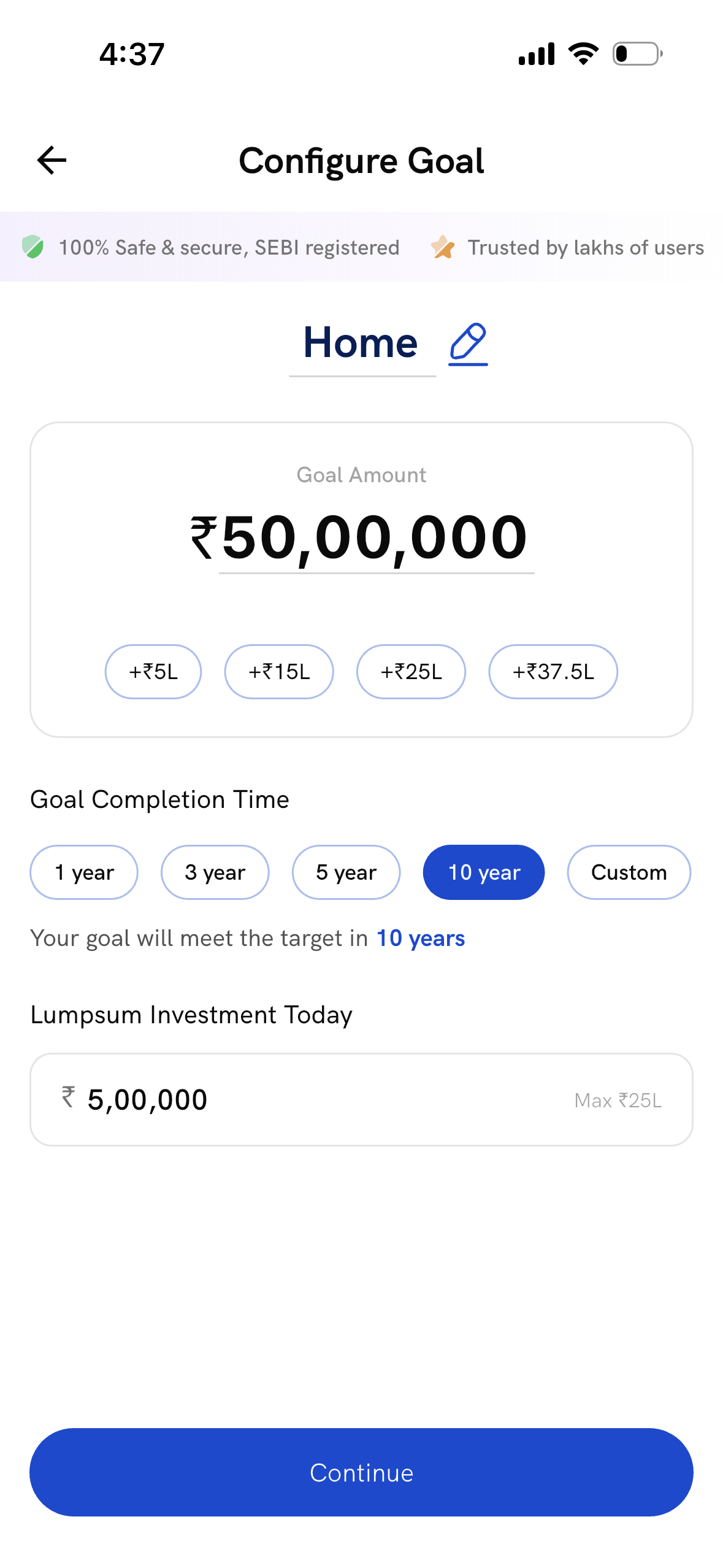 Configure Goal screen with Goal Amount, Goal Completion Time, and Lumpsum Investment