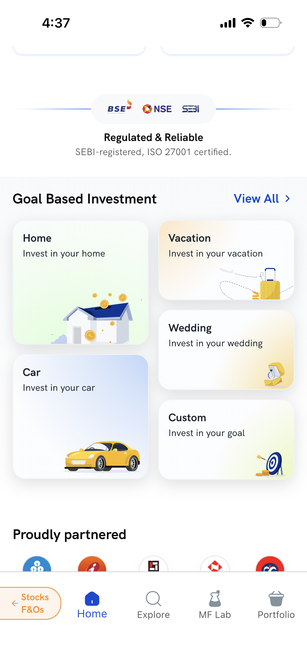Goal Based Investment cards on the MF Home screen