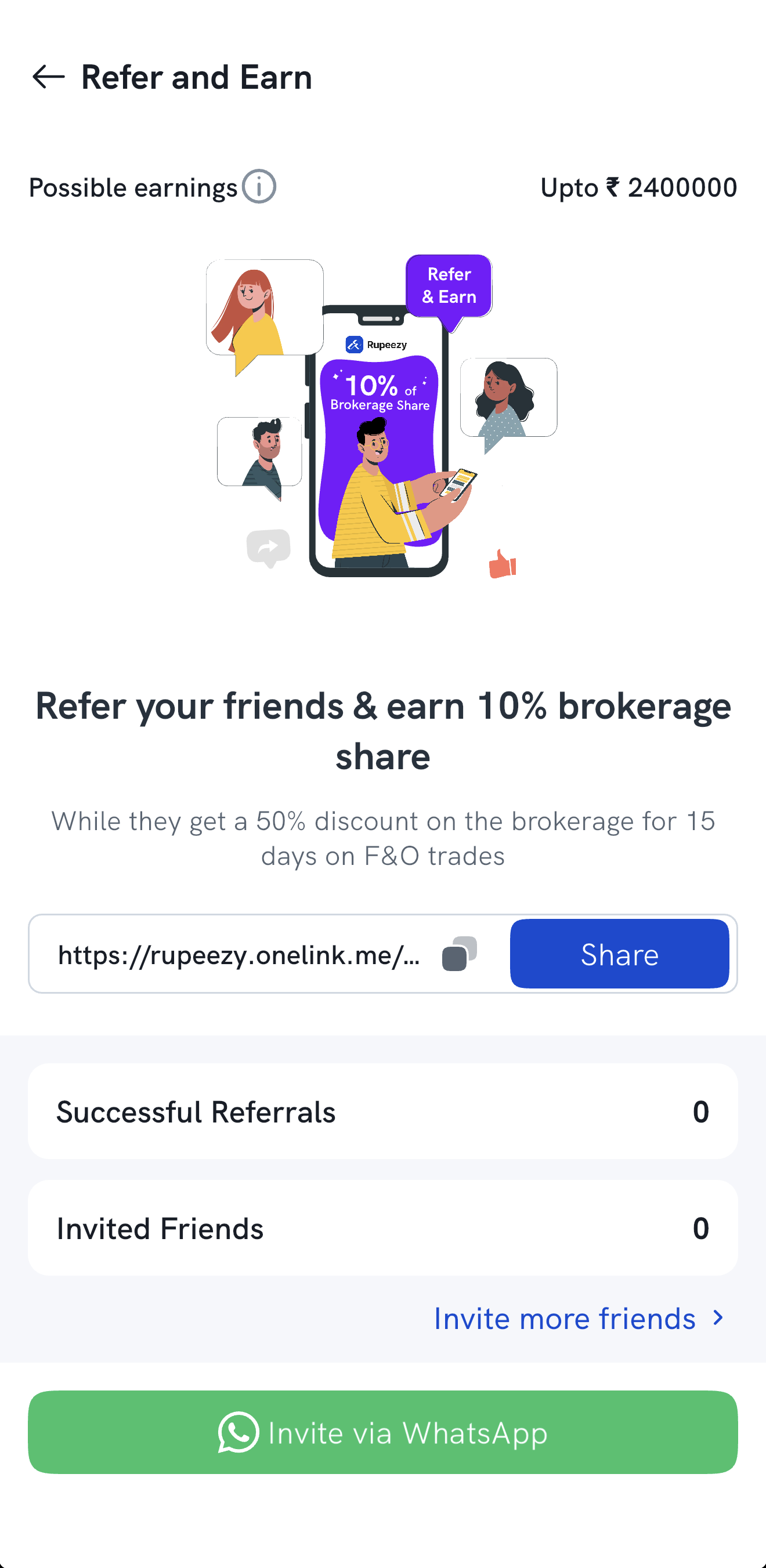 The Refer and Earn screen in the Rupeezy app, showing possible earnings, the 10% brokerage share offer, your referral link with Share, your successful referrals and invited friends, and Invite via WhatsApp
