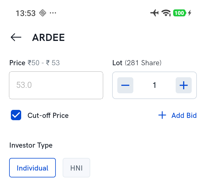 The IPO Apply form on Rupeezy showing the Price field, the ticked Cut-off Price checkbox, Lot count and Investor Type toggle