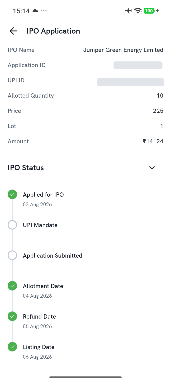 IPO application detail screen with the status timeline showing the Refund Date stage checked off
