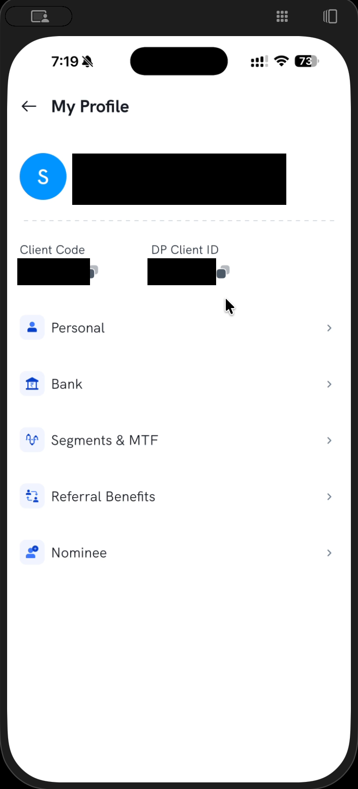 Where to find your DP Client ID — tap your profile, then View Profile