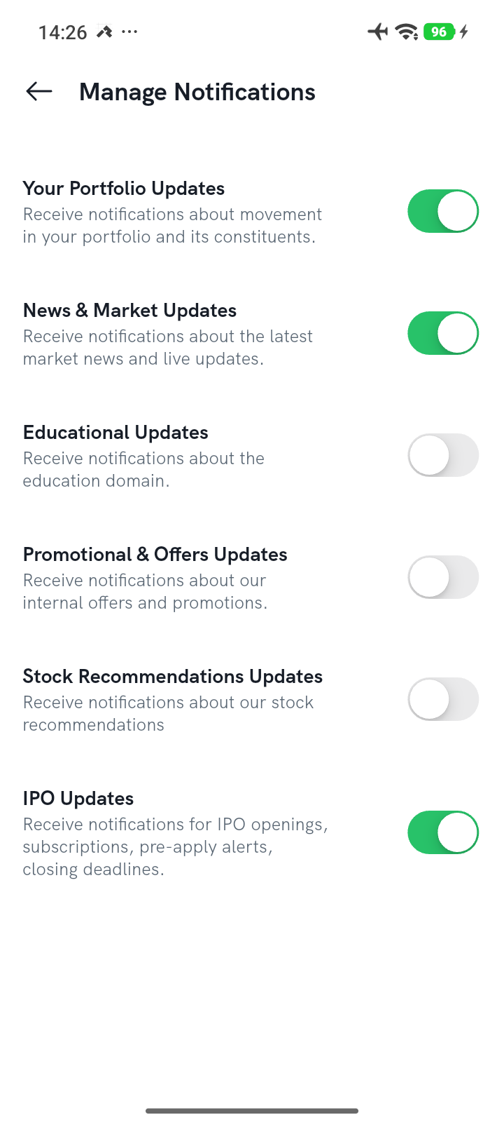 Rupeezy app Manage Notifications screen with toggles for Portfolio, News & Market, Educational, Promotional & Offers, Stock Recommendations, and IPO Updates