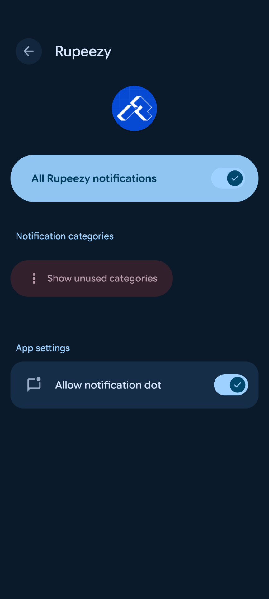 Android per-app notification settings for Rupeezy, with "All Rupeezy notifications" and "Allow notification dot" turned on