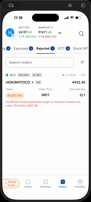 A rejected order in the Rejected tab, showing the rejection reason in red