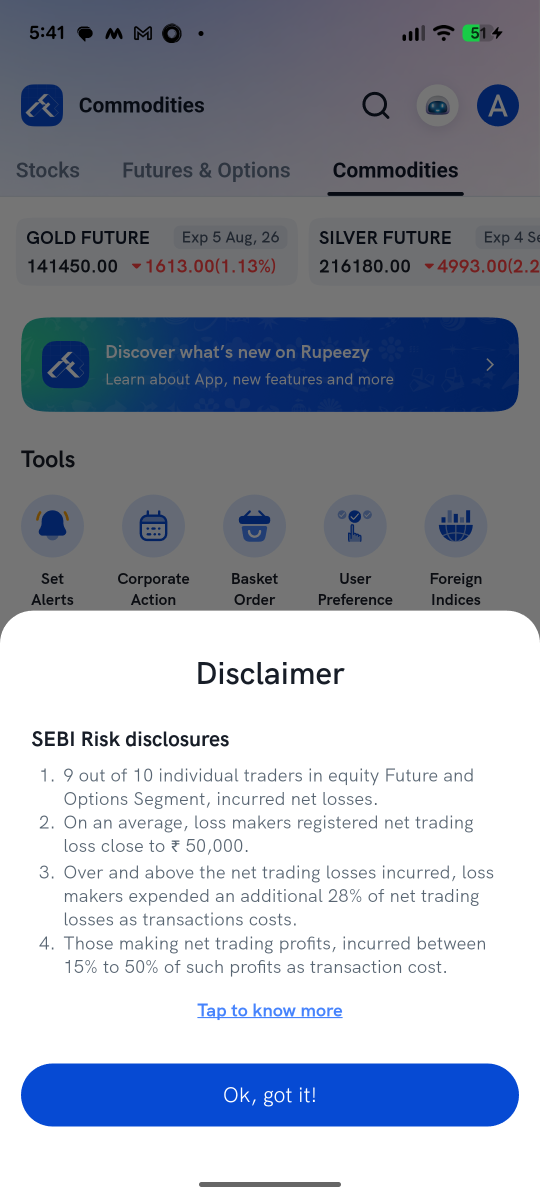 SEBI Risk disclosures pop-up shown on the Rupeezy app home screen after login